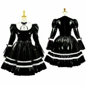 Vestido de PVC negro bloqueable Sissy Girl Maid disfraces de cosplay hechos a medida-