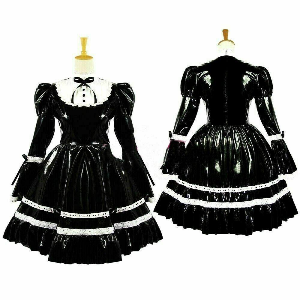 Vestido de PVC negro bloqueable Sissy Girl Maid disfraces de cosplay hechos a medida-