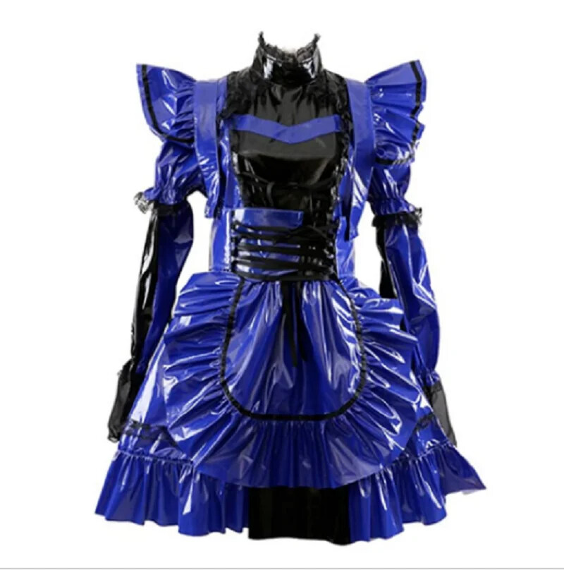 Vestido de PVC azul bloqueable French Sissy Maid Girl cosplay disfraz hecho a medida-