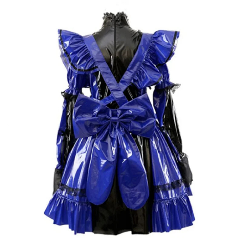 Vestido de PVC azul bloqueable French Sissy Maid Girl cosplay disfraz hecho a medida- - Image 2