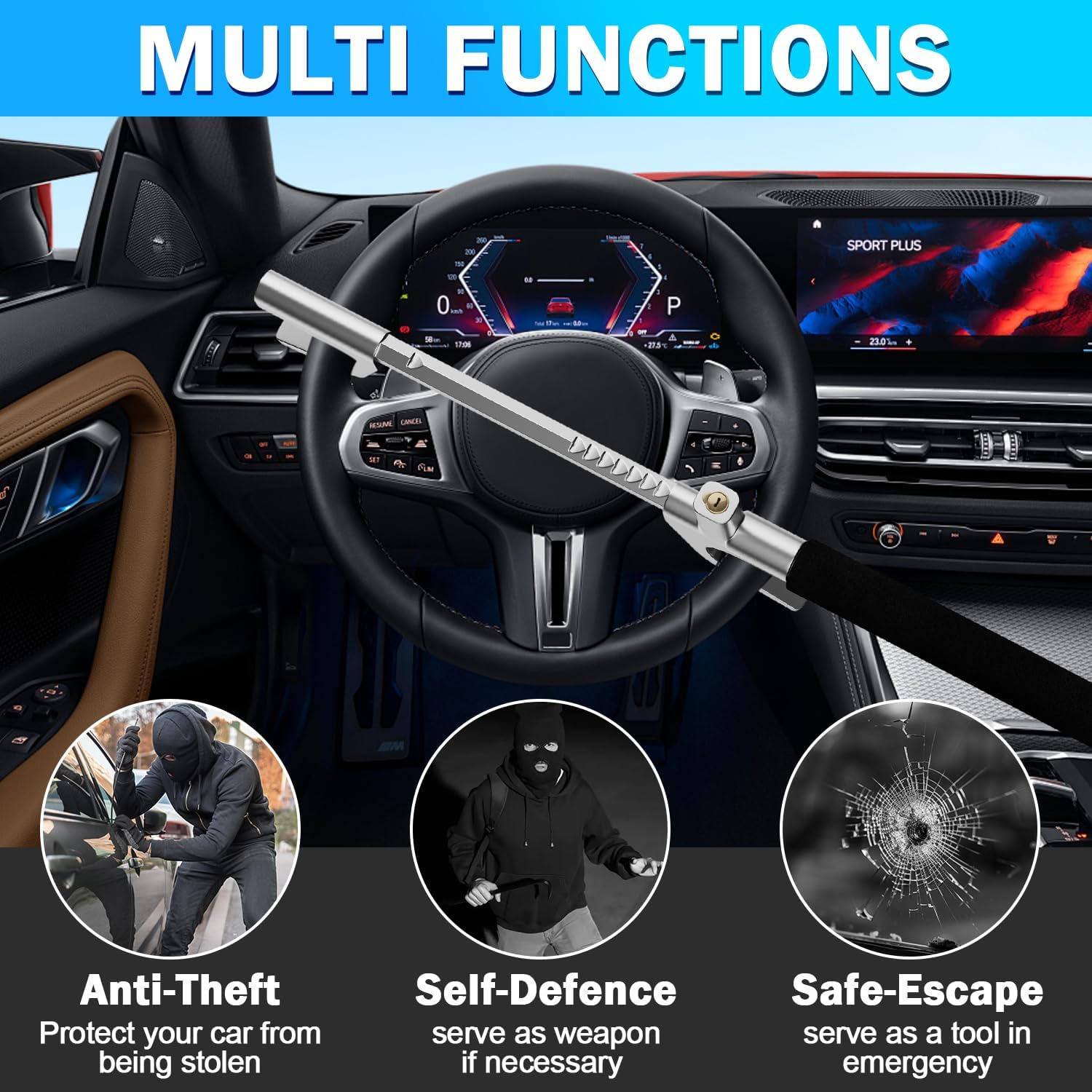 Cerradura de Volante Cerraduras de Seguridad Universal para Coche con Martillo de Seguridad Resistente C- - Image 2
