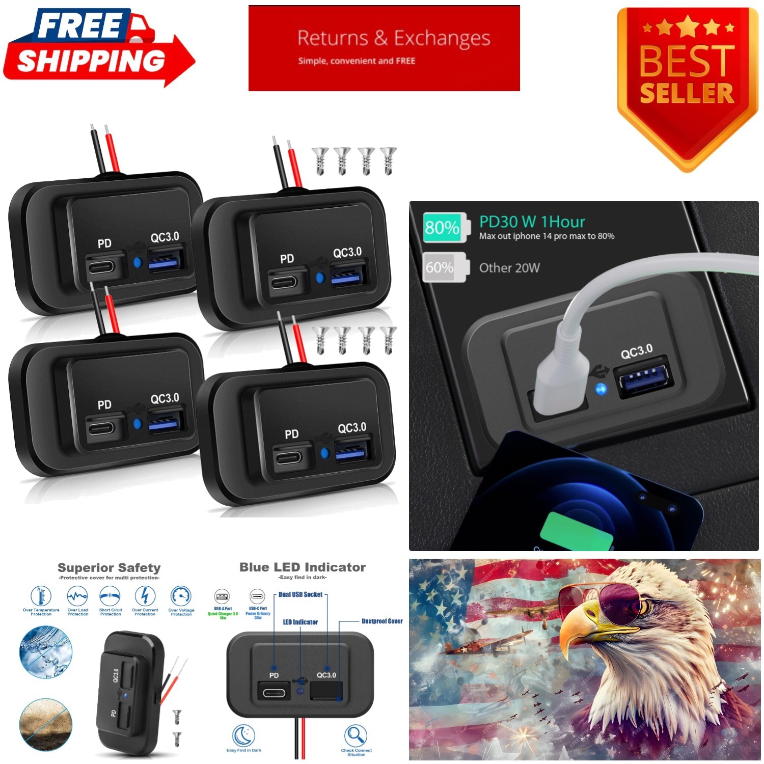 Salida USB de carga rápida de 48 W - Ideal para casas rodantes, barcos y aplicaciones automotrices-