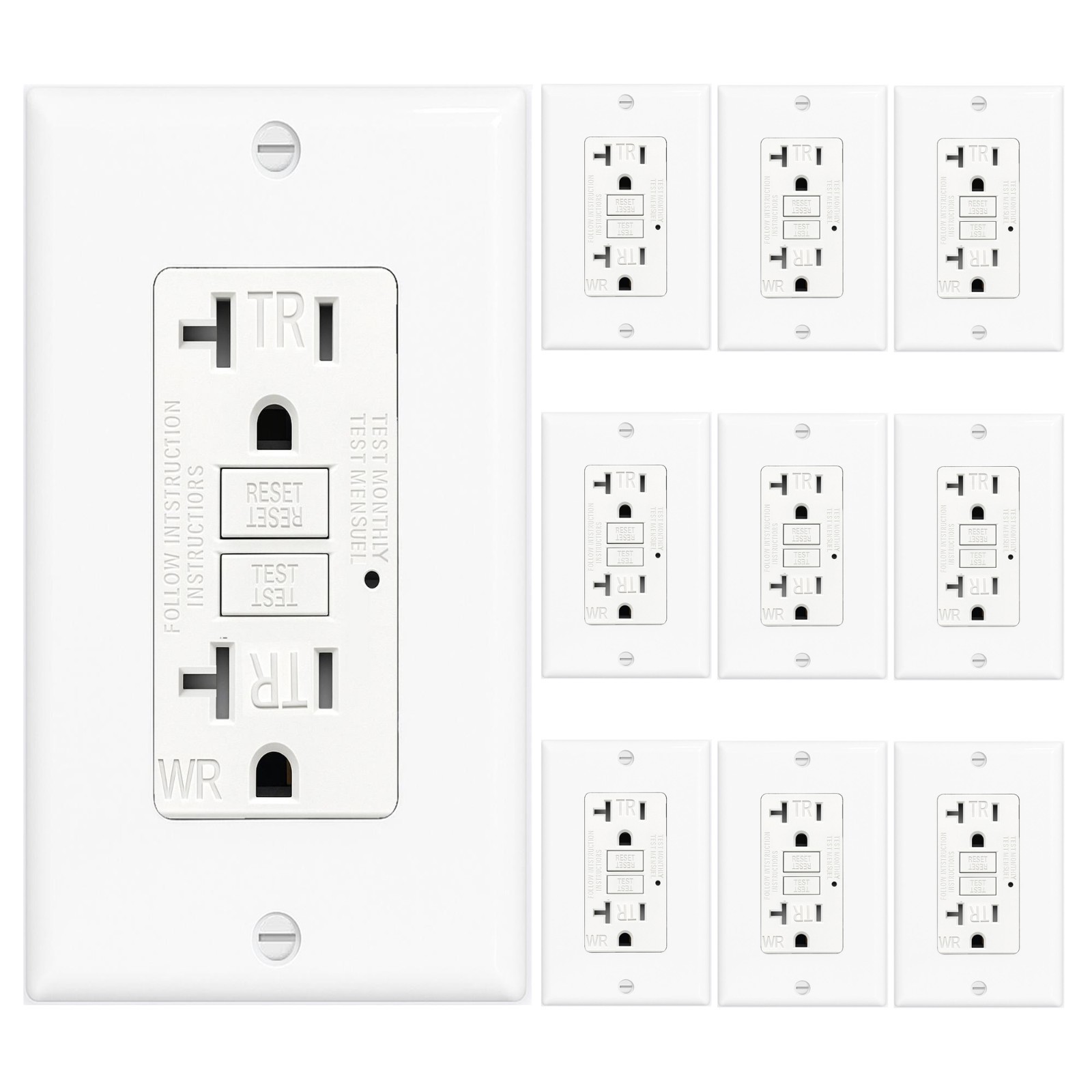 Receptáculo de toma de seguridad 10PK GFCI 20AMPGFI con placa de pared indicador LED TR WR-
