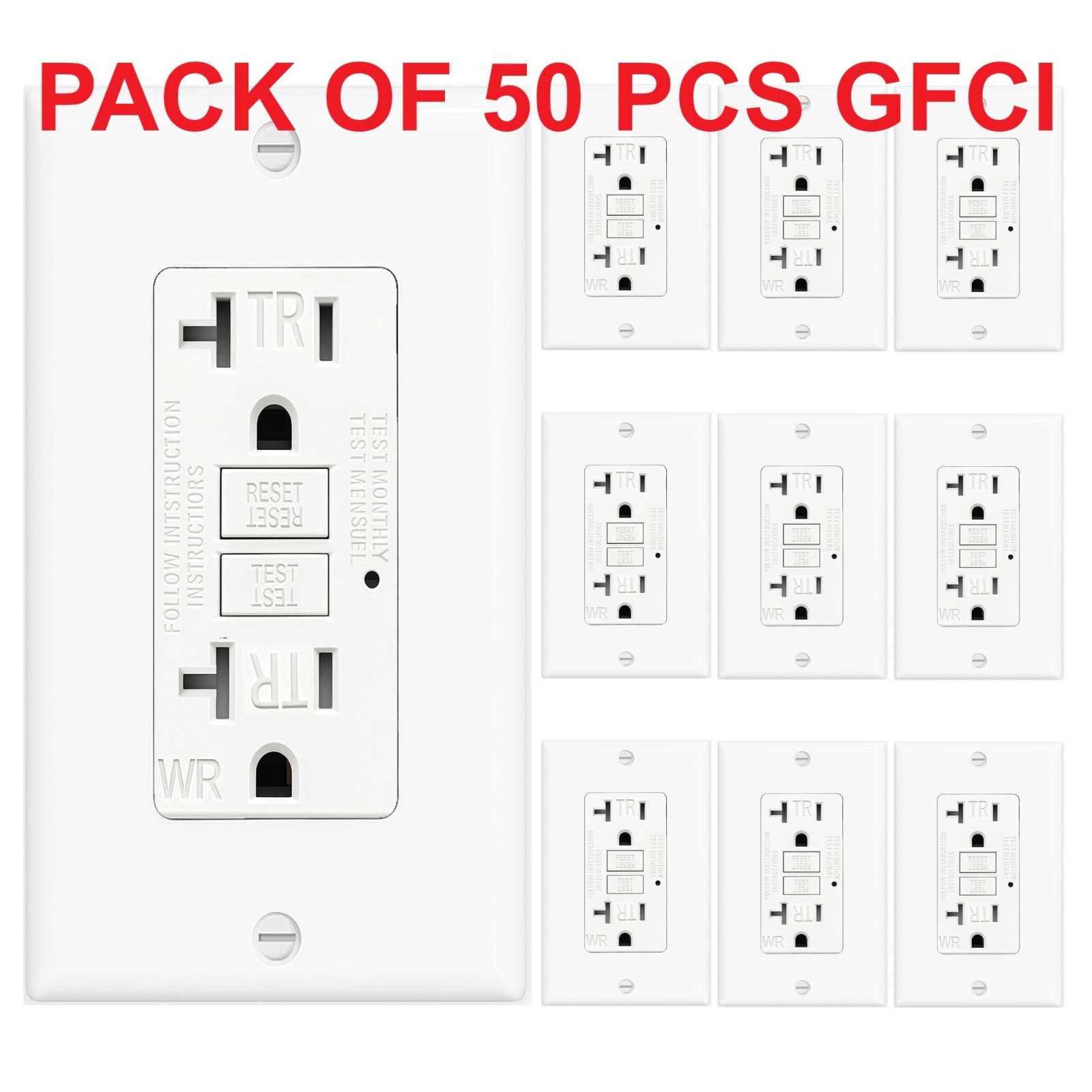 Receptáculo de toma de seguridad 50PK GFCI 20AMPGFI con placa de pared indicador LED TR WR-