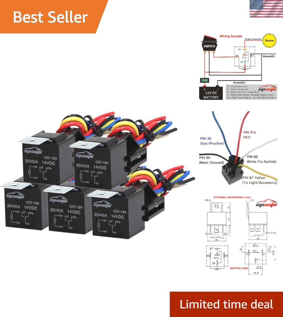 Arnés de relé 30/40 AMP - Paquete de 5, blanco, negro, amarillo, resistente a impactos-