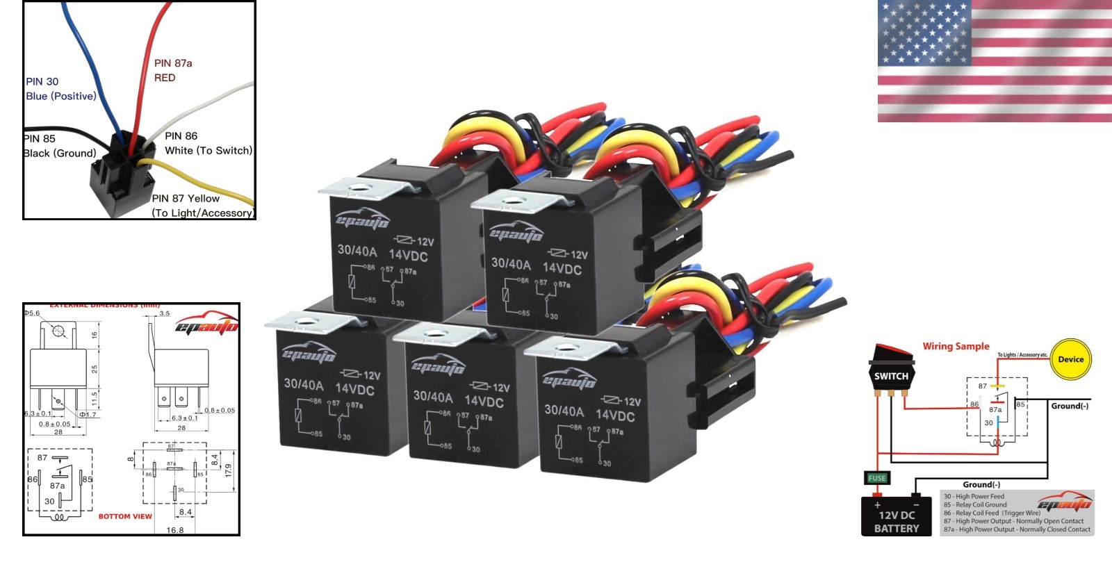 Arnés de relé 30/40 AMP - Paquete de 5, blanco, negro, amarillo, resistente a impactos- - Image 2