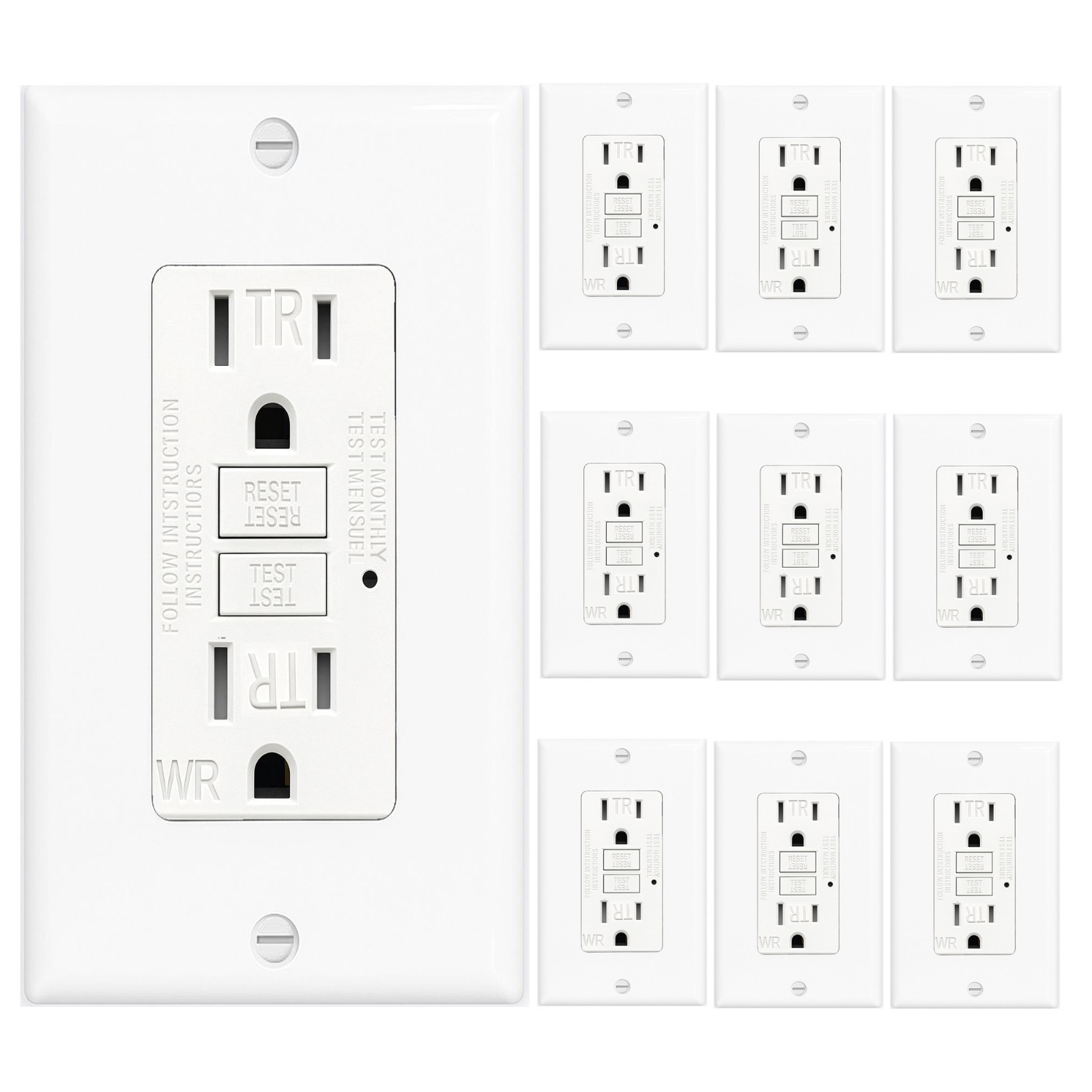 Receptáculo de toma de seguridad 10PK GFCI 15AMPGFI con placa de pared indicador LED TR WR-